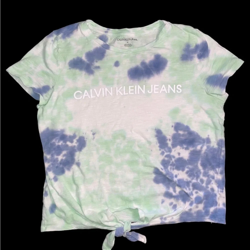 Calvin Klein Jeans Womens Blue Green Tie Dye Tie Front Shirt Size Medium